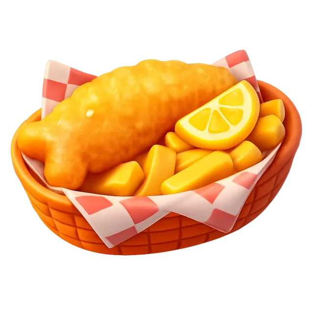 ภาพประกอบคำว่า fish and chips (ปลาทอดกับมันฝรั่งทอด)